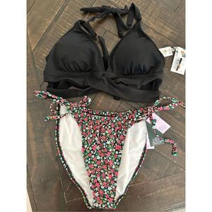 Target Brands Bikini Size Medium Black Halter Triangle Top Floral Tie Side Botto
